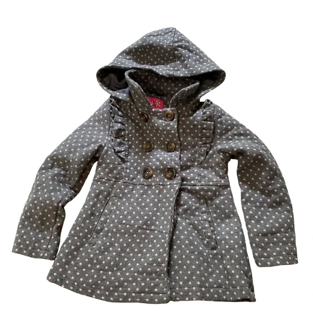 Pink Platinum Girls Grey Pink Polka Dot Hooded Peacoat Jacket Size 5/6